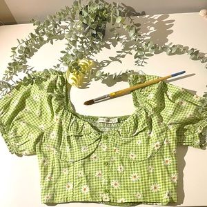 Light and dark green checkers floral shirt